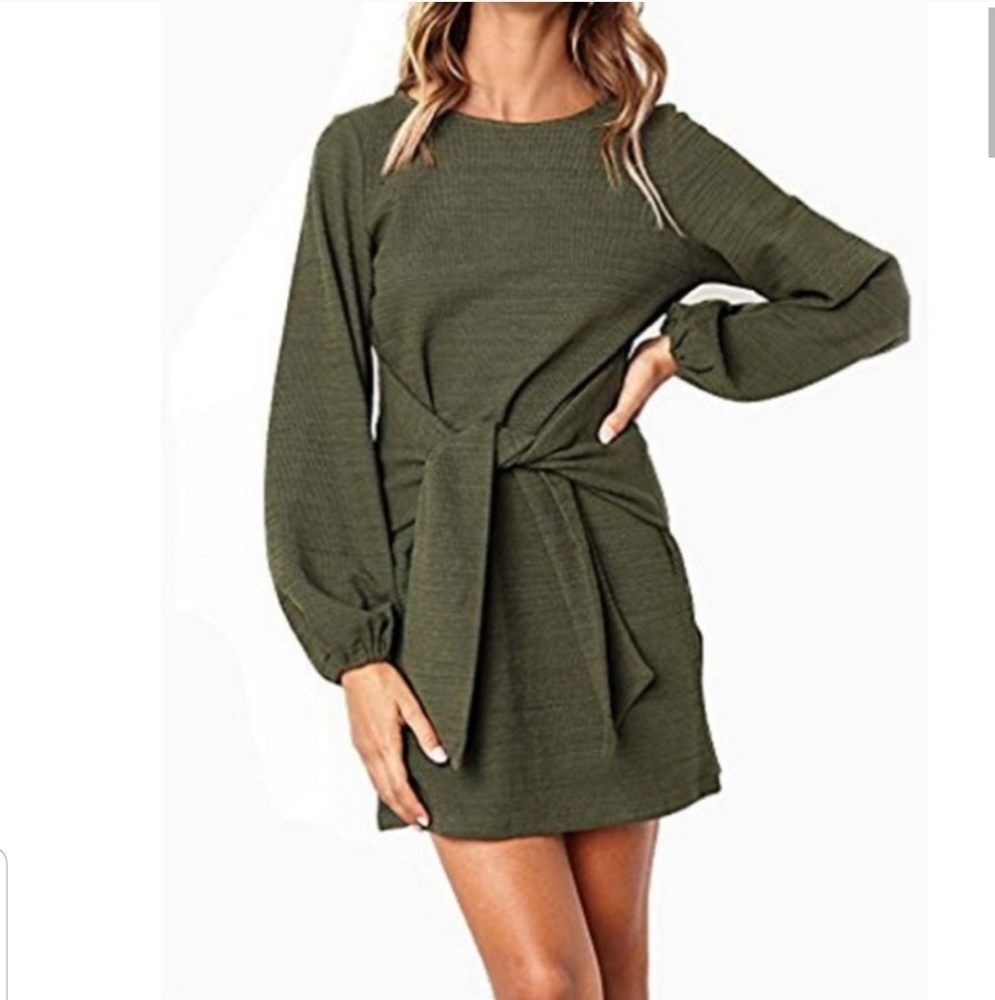 Navy Green Belted Knitted long-sleeved Dress